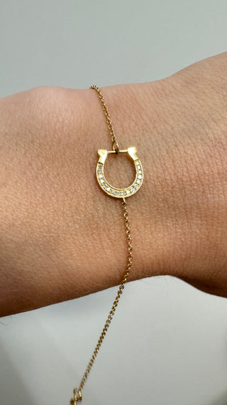14k Gold Diamond Horsebit Bracelet Solid Gold Equestrian Horseshoe Accent Adjustable Chain