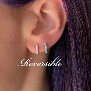 14k Reversible Turquoise and  Diamond Huggie Hoops