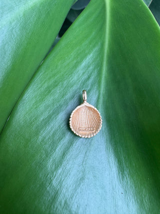Back view of a gold seashell pendant showing its concave shape.