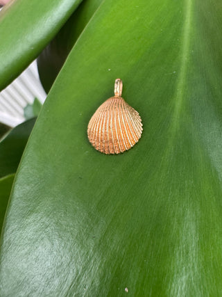 Close-up of the ribbed front of a gold seashell pendant.
