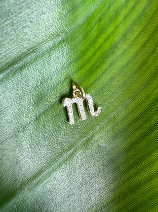 14k gold diamond Scorpio symbol charm displayed on a bright green leaf.