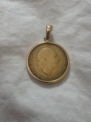 Vintage Milor Italian 200 Lire Coin Pendant with 14k Gold Frame