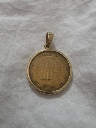 Vintage Milor Italian 200 Lire Coin Pendant with 14k Gold Frame