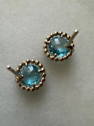 Rear view of blue topaz stud earrings showing open gold settings and posts.