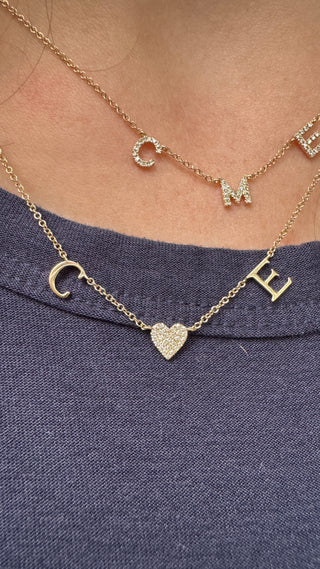 Two Initial necklace with Diamond heart