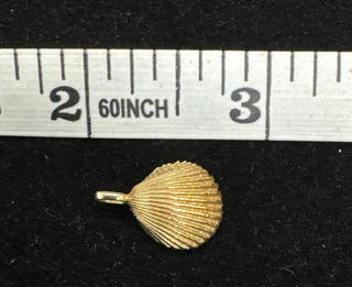 Gold seashell pendant beside a measuring tape for scale.